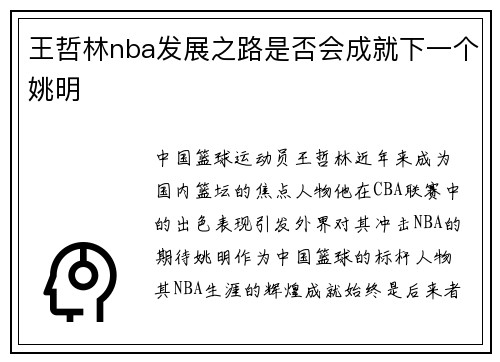 王哲林nba发展之路是否会成就下一个姚明